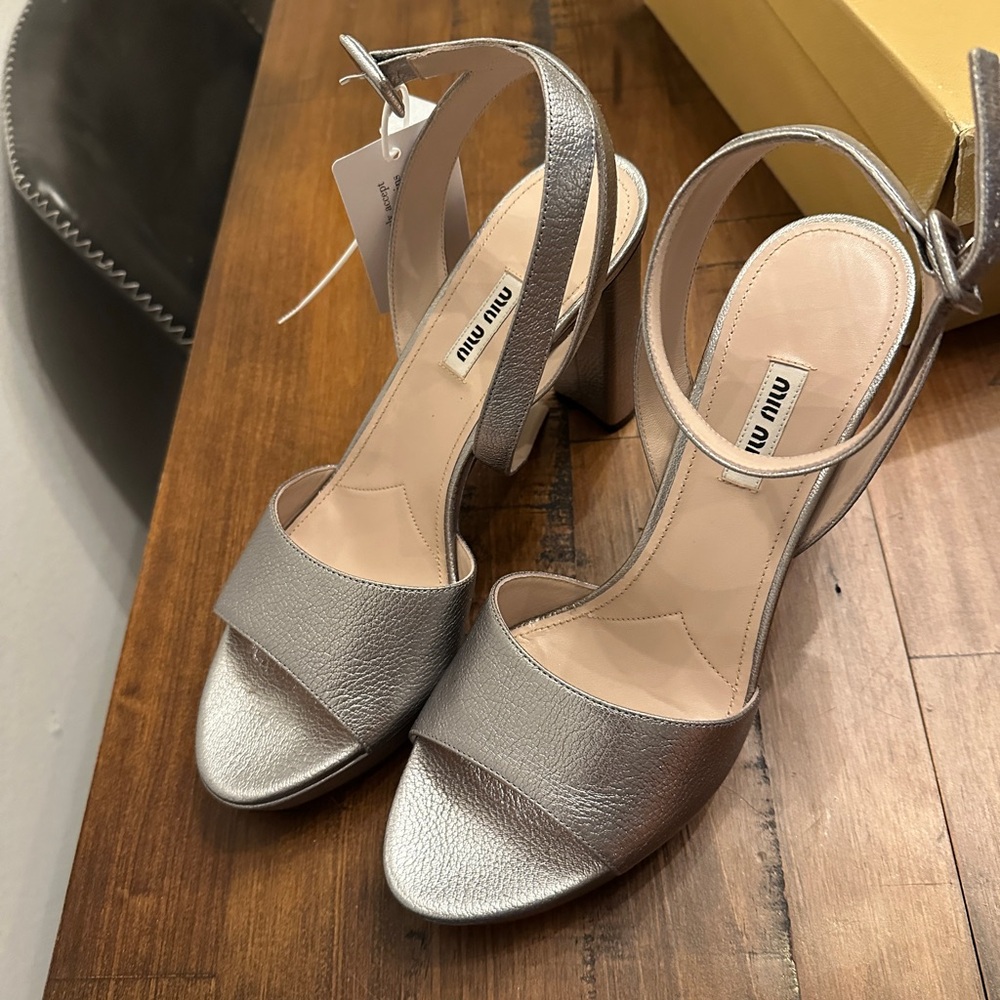 Miu Miu Silver Heeled Sandals with Ankle Strap NWT